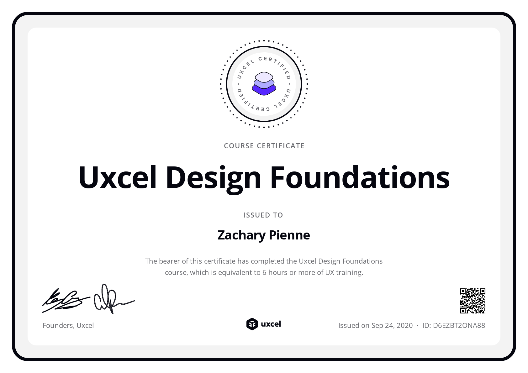 Zachary Pienne's certificate